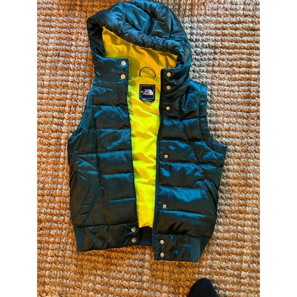 The‎ North Face 550 Down Puffer Vest Black Neon Yellow Hooded Womens XSmall
